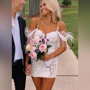 Sherri Hill Homecoming Dress 55104 Feather Sleeve Sequin Lace Dress